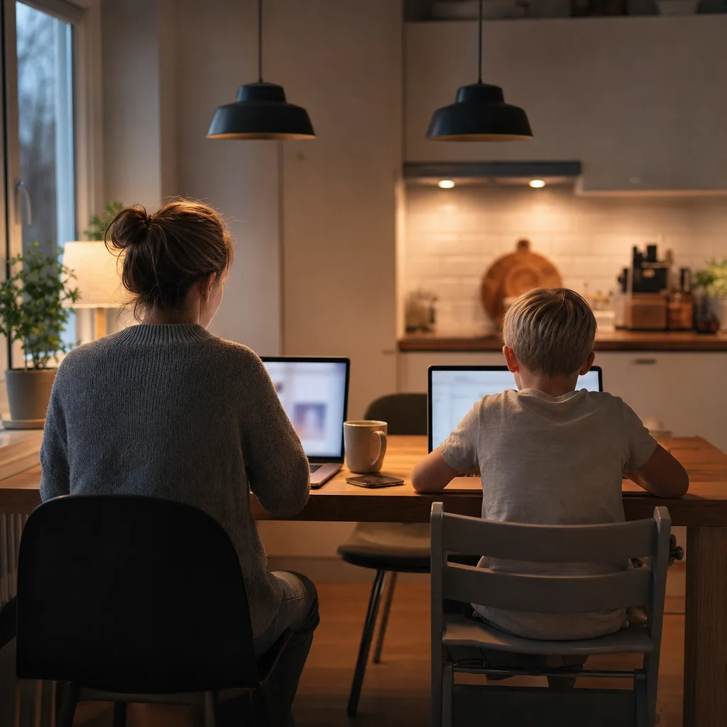 En vuxen och ett barn sitter bredvid varandra med varsin skärm i ett hemma-kök, bakifrån