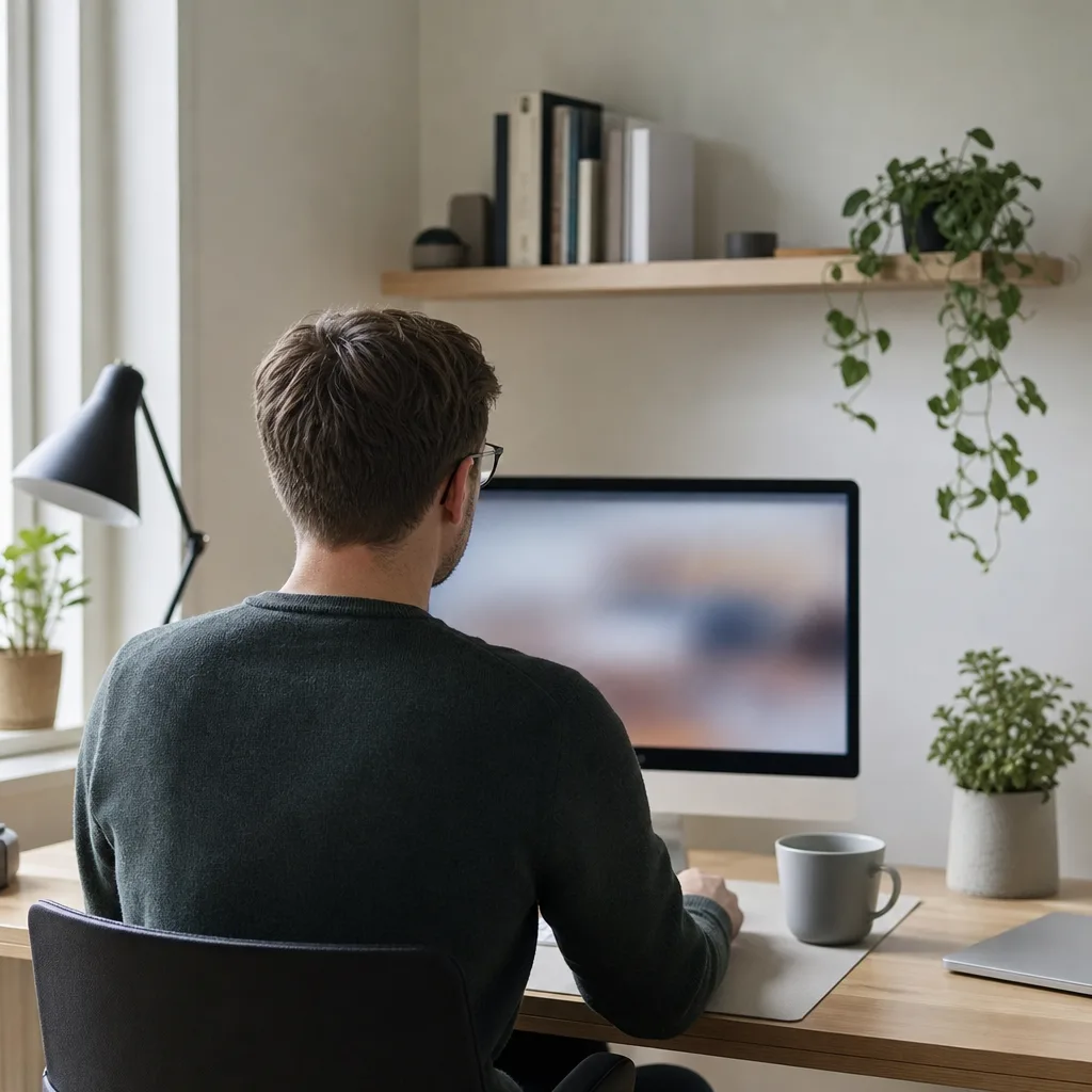 En person bakifrån vid en Mac-dator i ett ljust kontorsrum