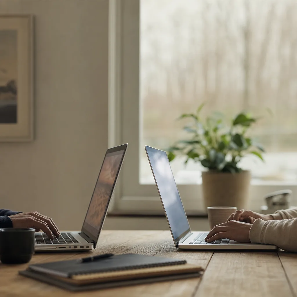 Två separata datorer på ett skrivbord i profil, mjukt kontorsljus