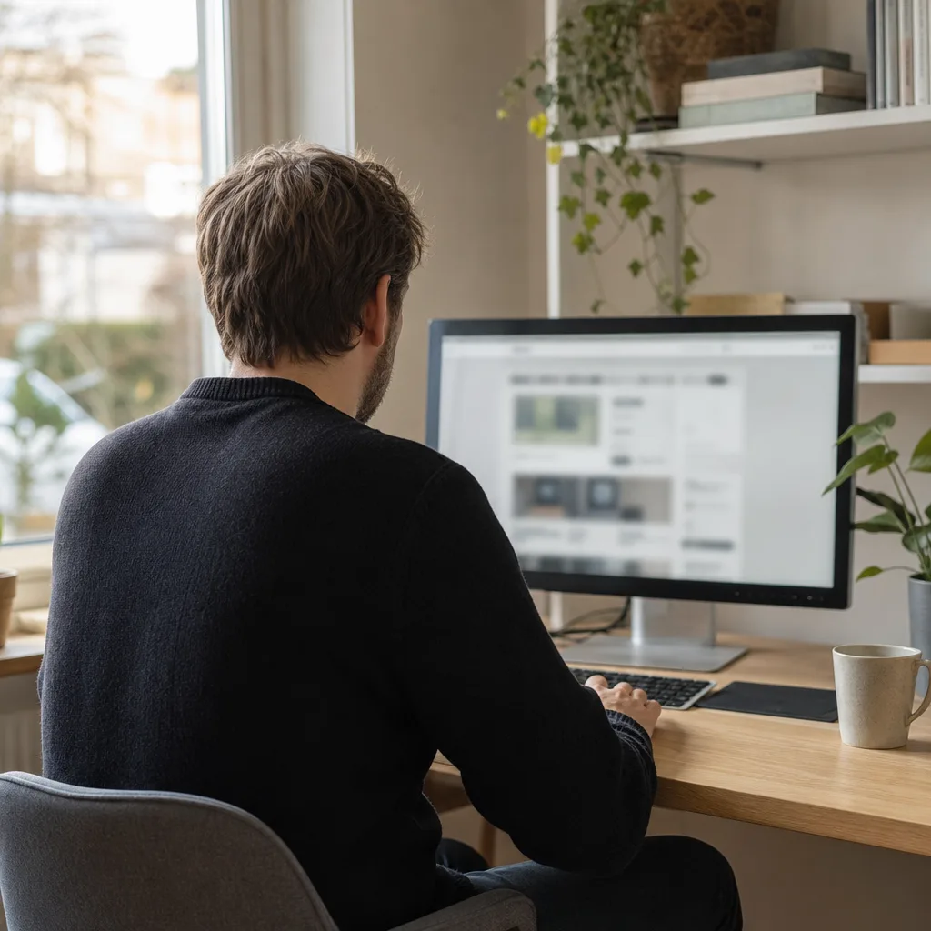 En person bakifrån redigerar en webbutik på en datorskärm i ett litet kontor