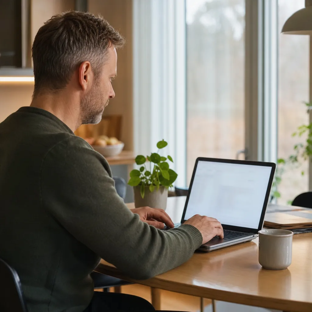 En person i profil öppnar ett e-postmeddelande med en produktkod på en bärbar dator
