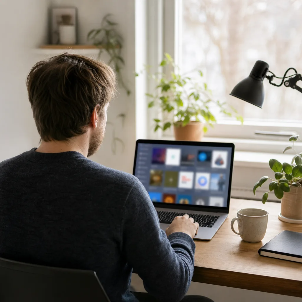 En person bakifrån bläddrar i en programvarukategori på en bärbar dator
