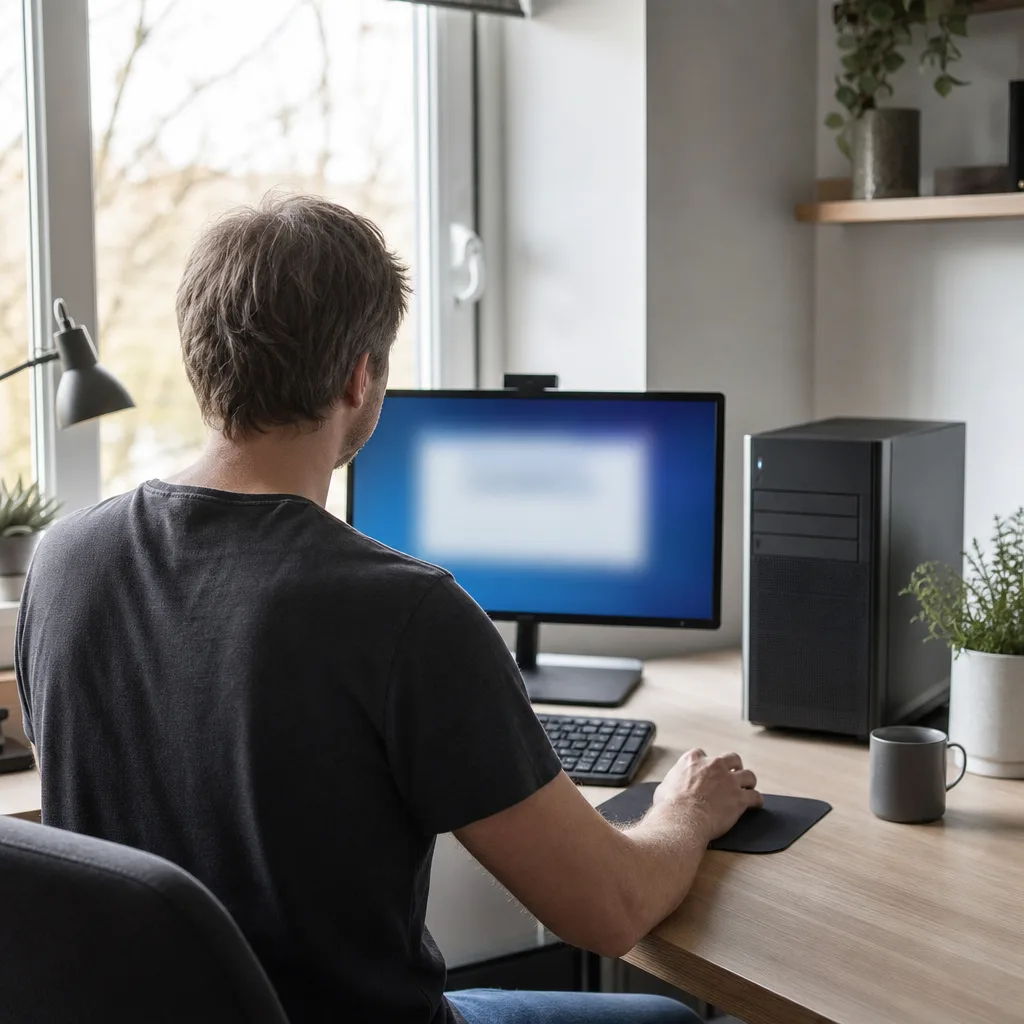 En person bakifrån installerar Windows på en stationär dator i ett ljust hemmakontor