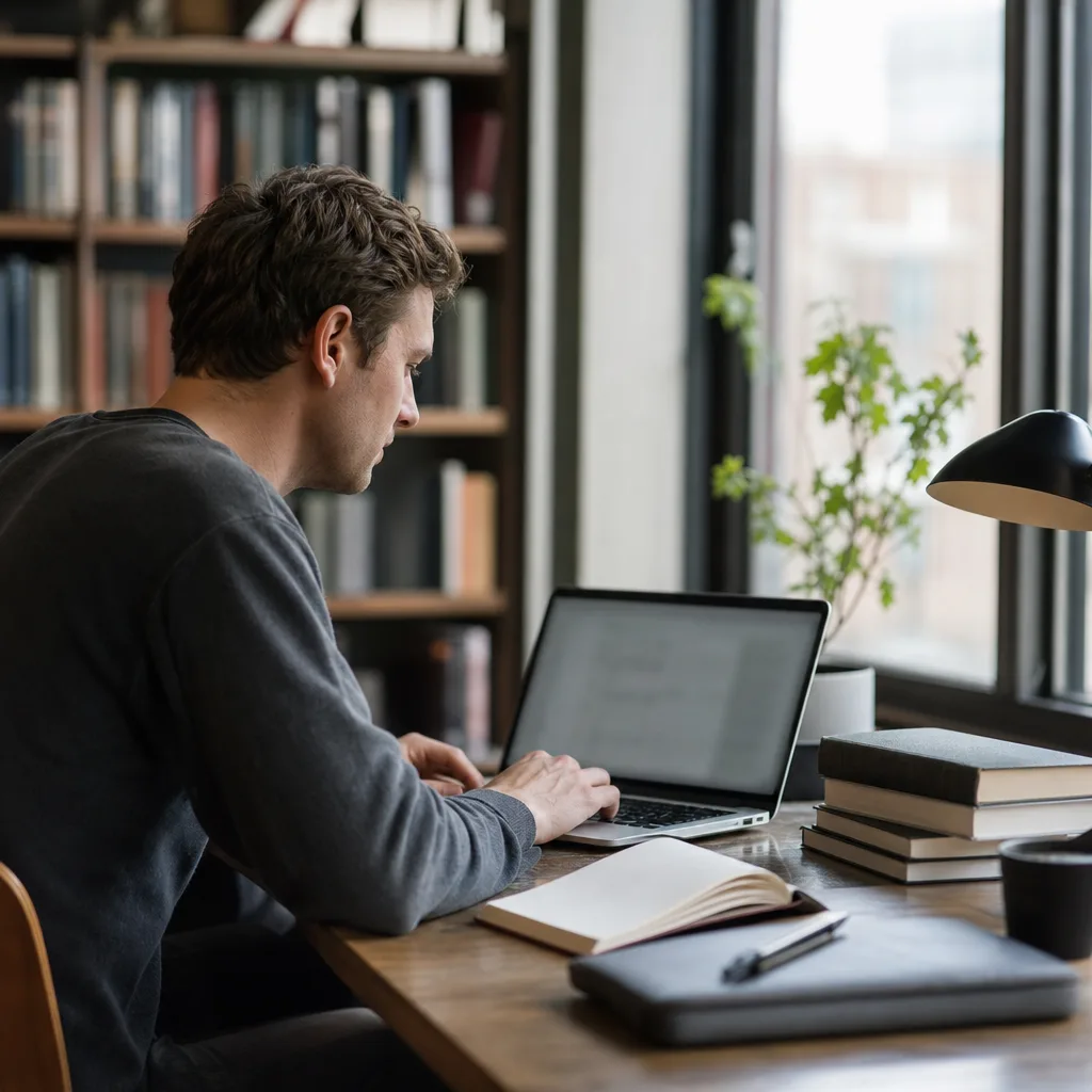 En student i profil skriver på en bärbar dator vid ett bibliotek eller läsrum
