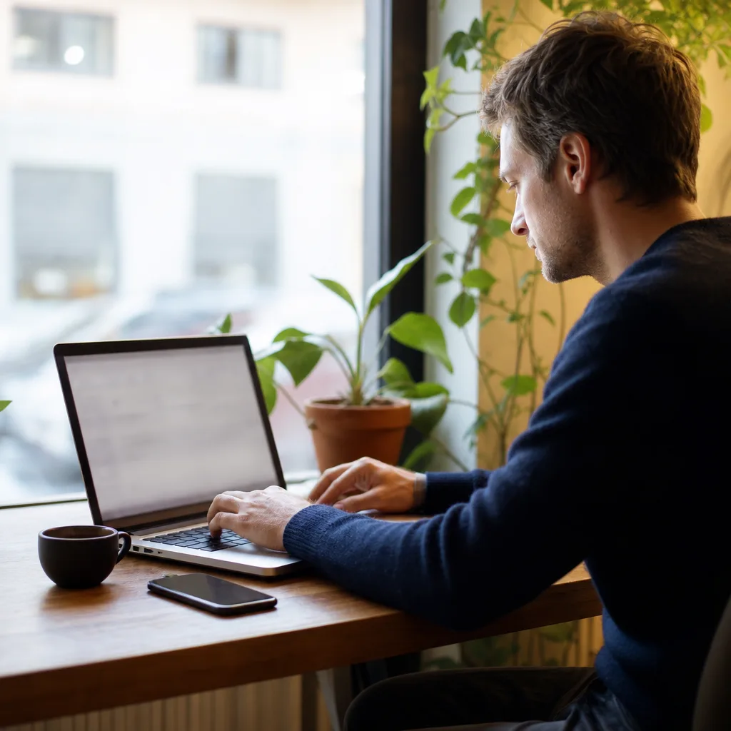 En person i profil ansluter en bärbar dator till internet på ett kafé