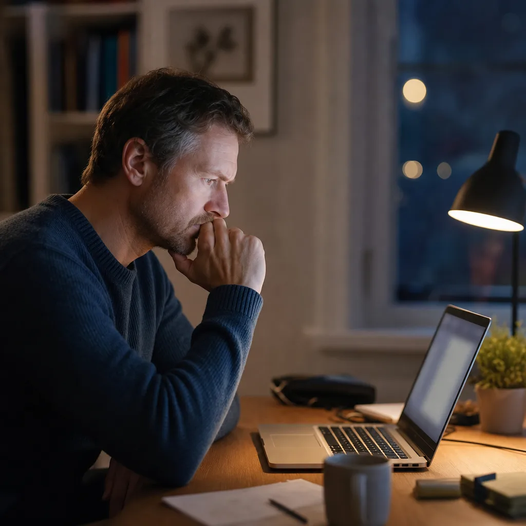 Person i profil tittar bekymrat på en bärbar dator vid ett skrivbord