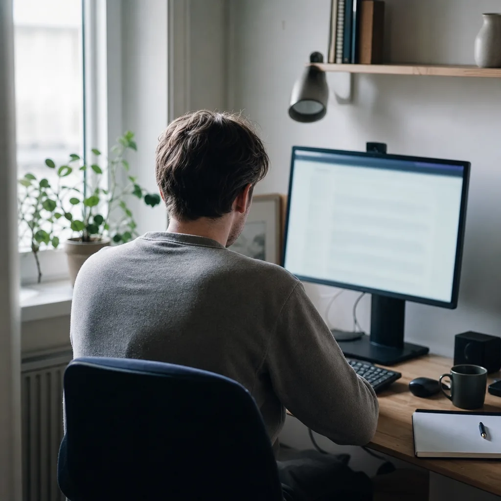 Person i profil sitter vid en stationär dator i ett hemmakontor och läser en produktbeskrivning