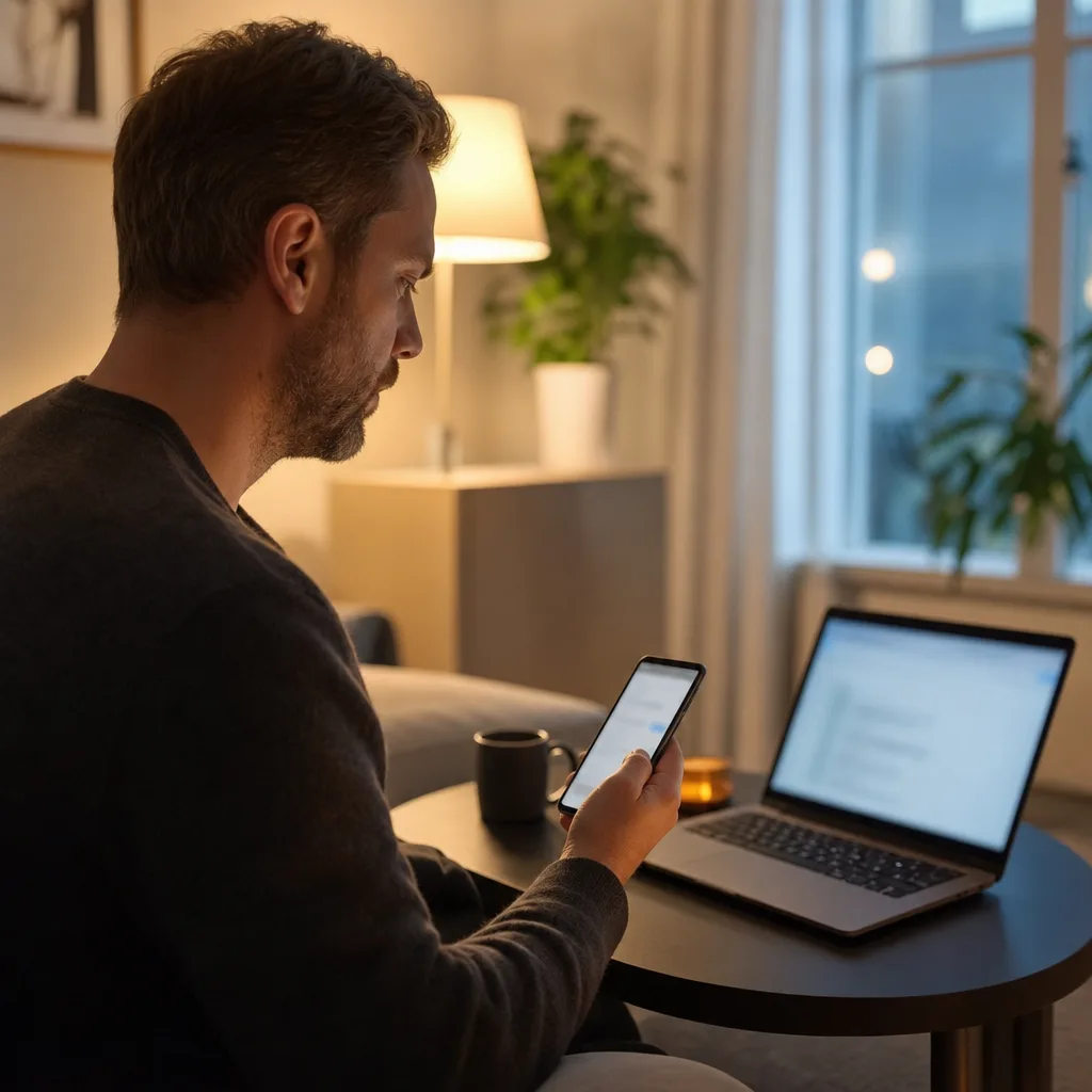 Person i profil öppnar ett bekräftelsemejl på en telefon bredvid en bärbar dator