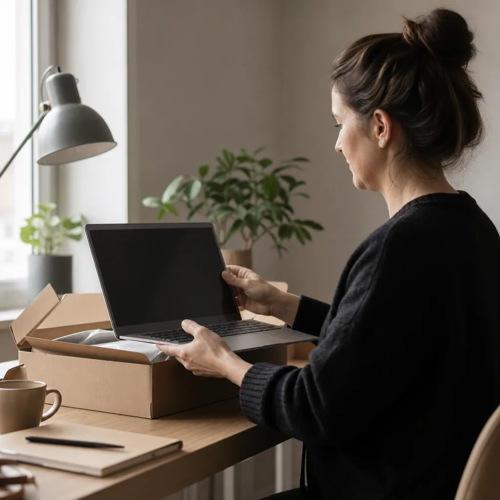 Person i profil packar upp en bärbar dator på ett skrivbord hemma