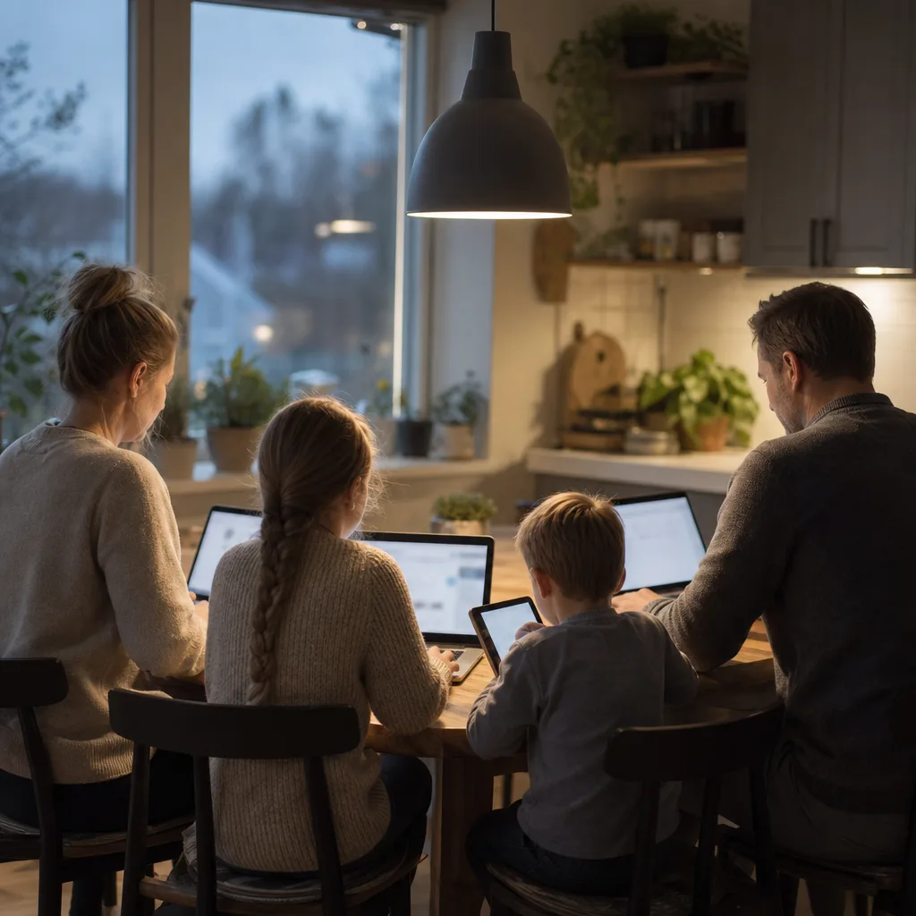 En familj sedd bakifrån samlade runt ett köksbord, var och en med sin egen enhet