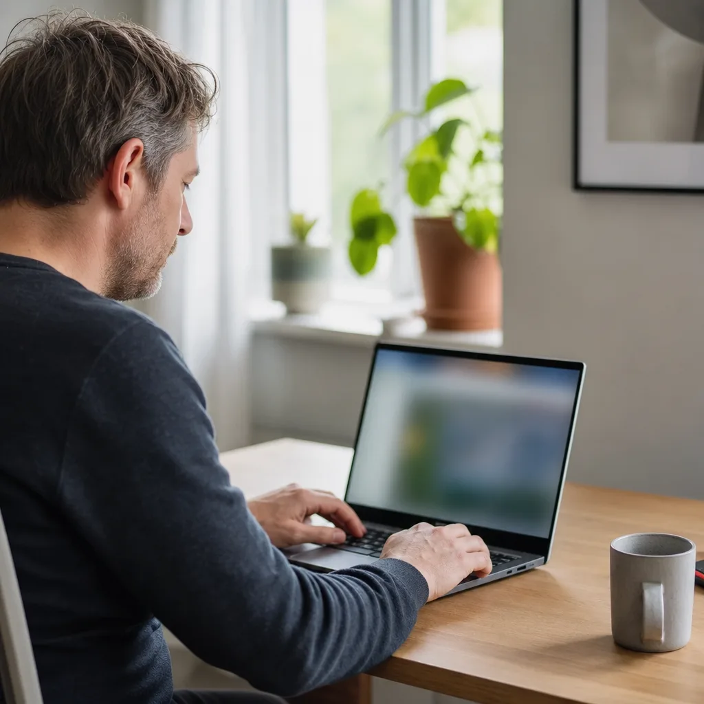 En Windows-bärbar dator öppen på ett skrivbord, sedd snett bakifrån med en person i profil vid tangentbordet