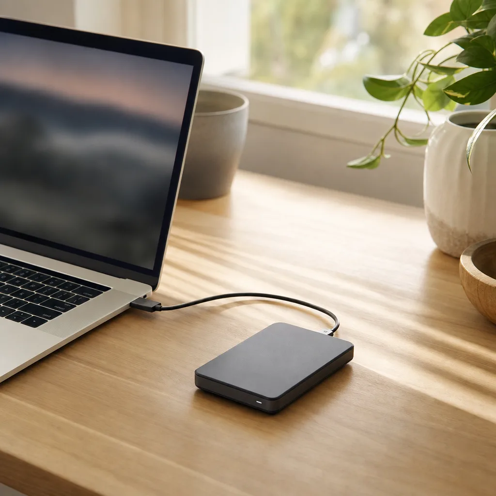 En extern hårddisk bredvid en Mac-dator på ett ljust skrivbord hemma