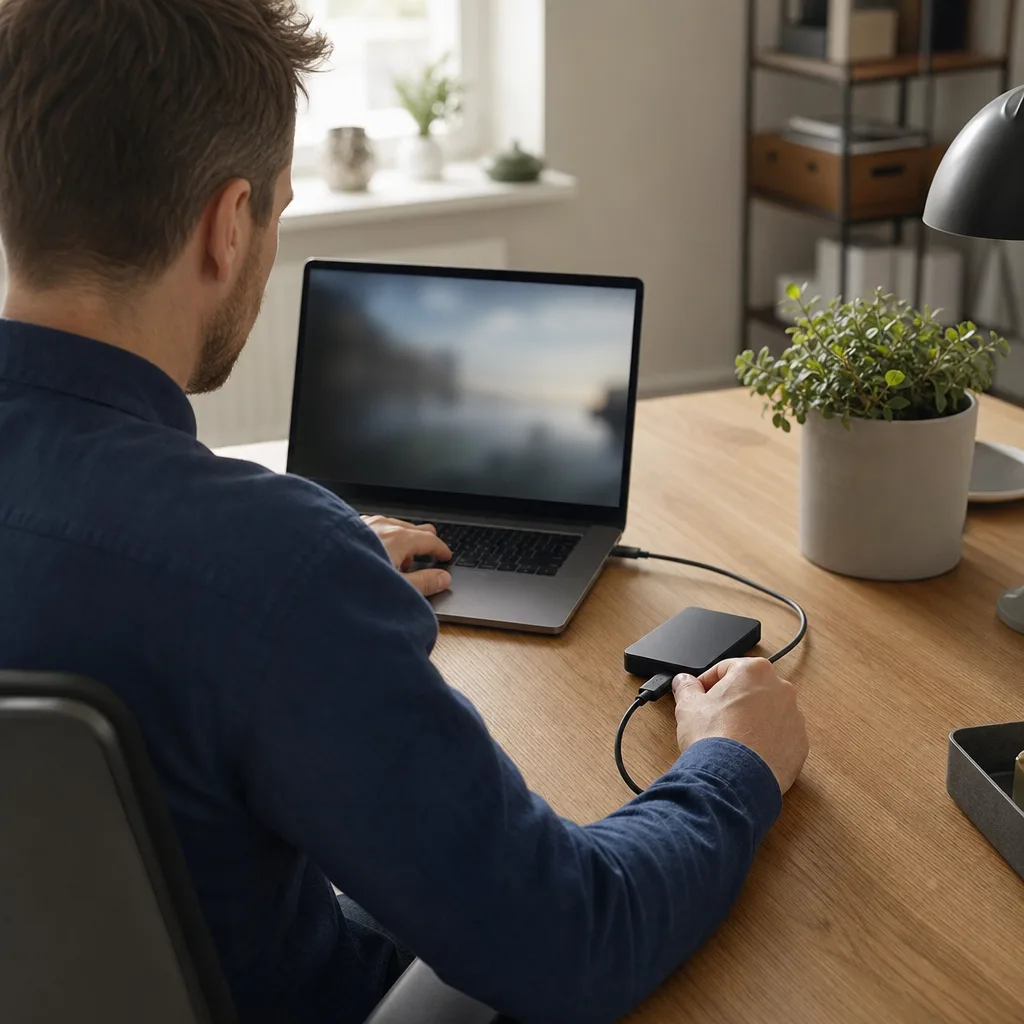 En person sedd bakifrån ansluter en extern hårddisk till en Windows-dator på ett kontor hemma