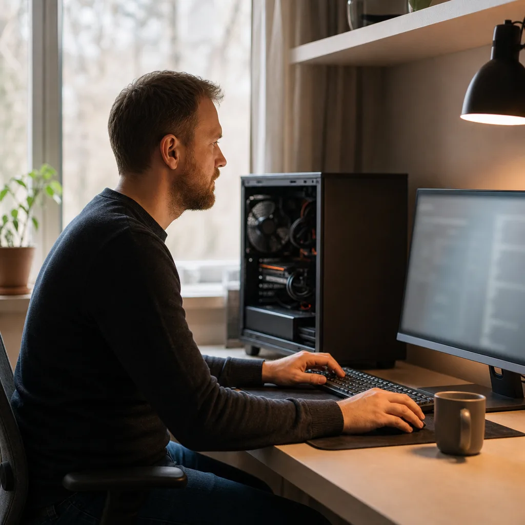 En person i profil sitter framför en stationär dator med öppen sidopanel i ett hemmakontor