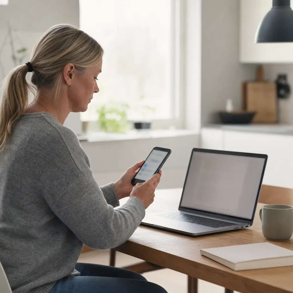 En person i profil loggar in på en tjänst med mobilen bredvid en bärbar dator, ingen läsbar skärmtext