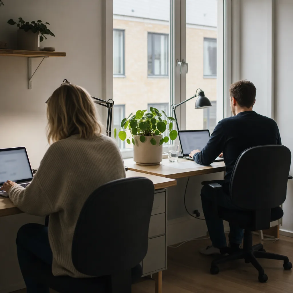 Två personer sedda bakifrån arbetar vid varsin dator i ett litet delat kontor