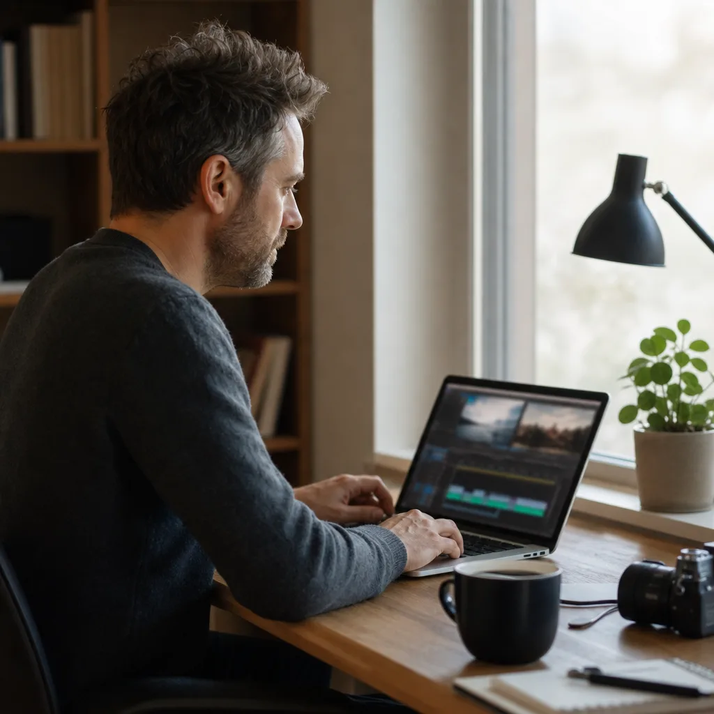 En person i profil klipper videoklipp på en bärbar dator vid ett skrivbord, ingen läsbar skärmtext