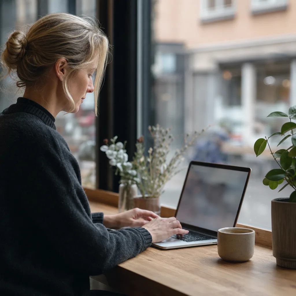 Person i profil arbetar på en bärbar dator på ett kafé med kaffekopp bredvid