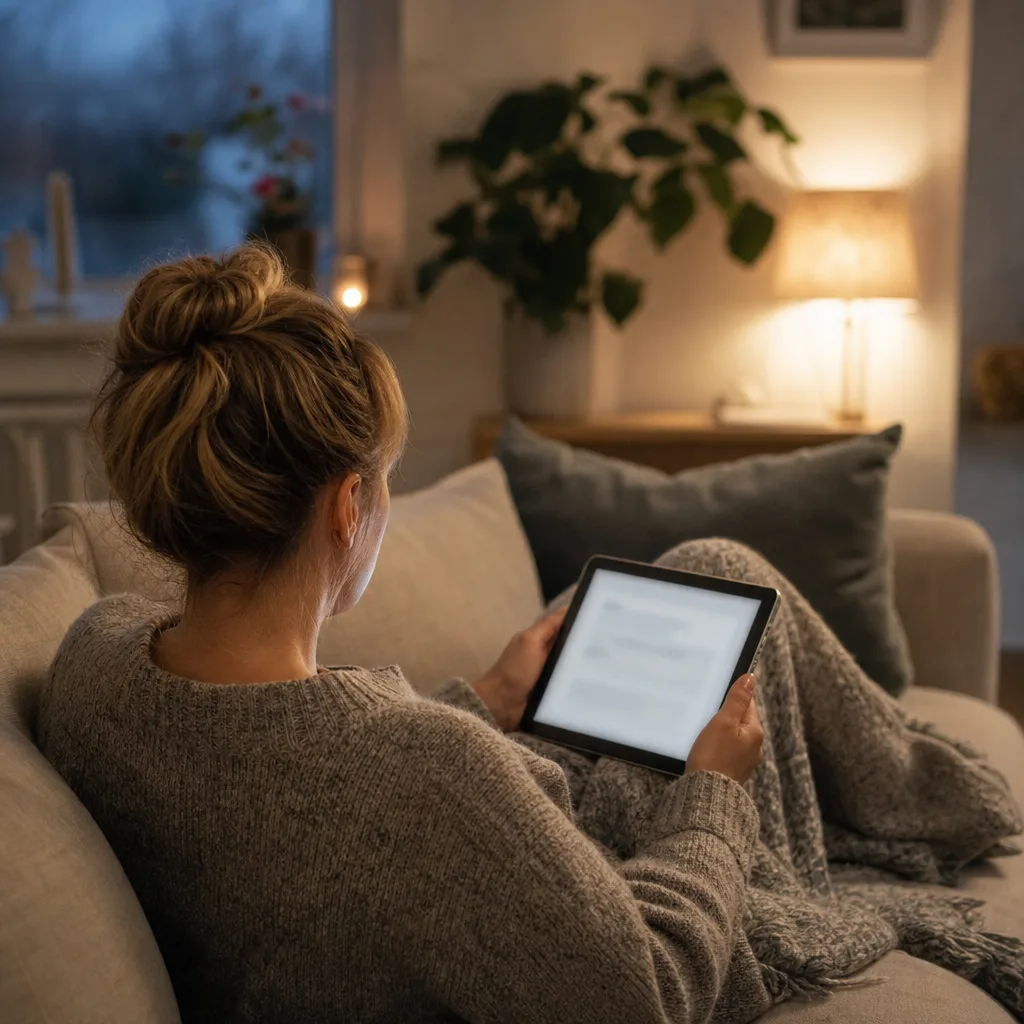 Person bakifrån läser villkor på en surfplatta i en soffa hemma