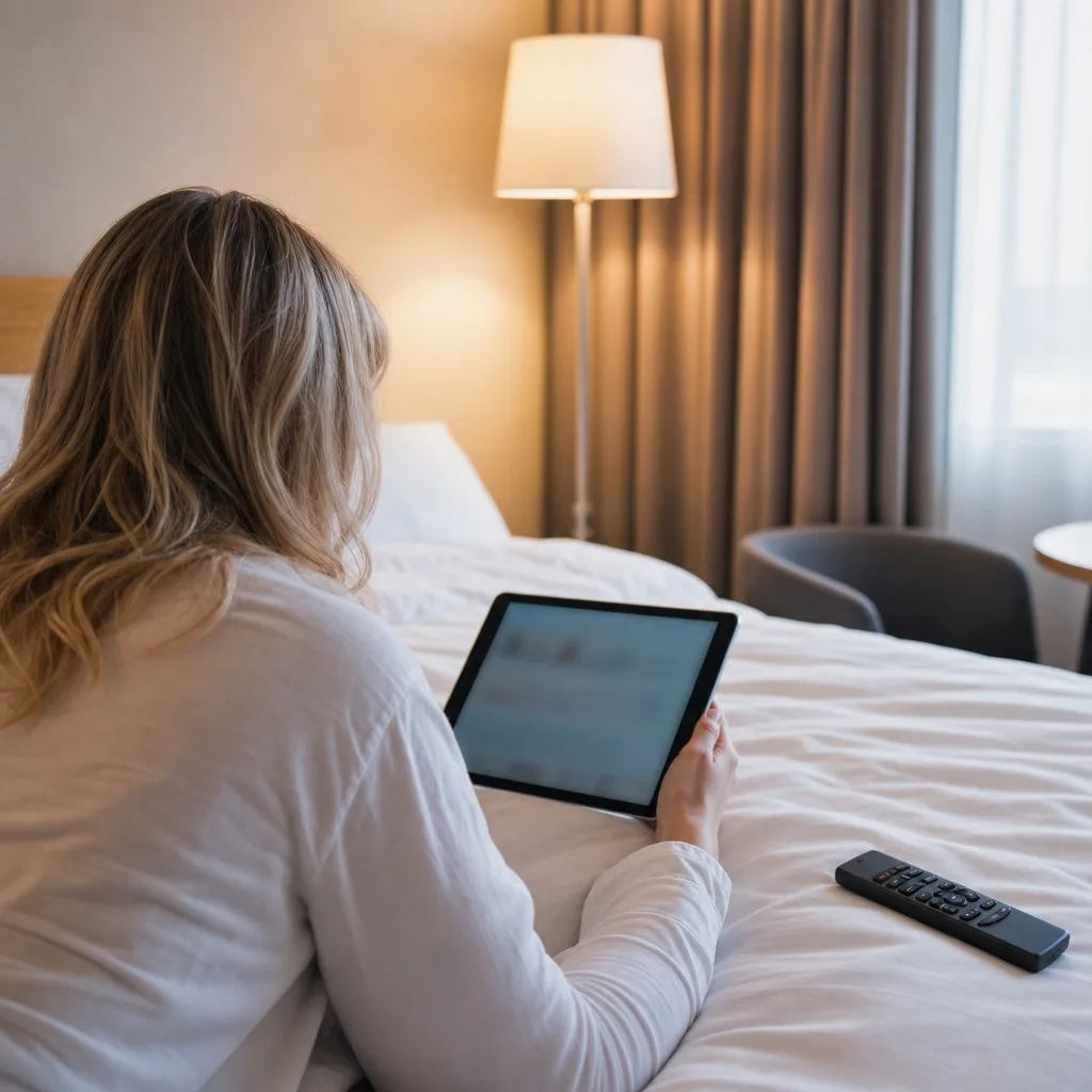 Person bakifrån tittar på en surfplatta i en hotellsäng med fjärrkontroll bredvid
