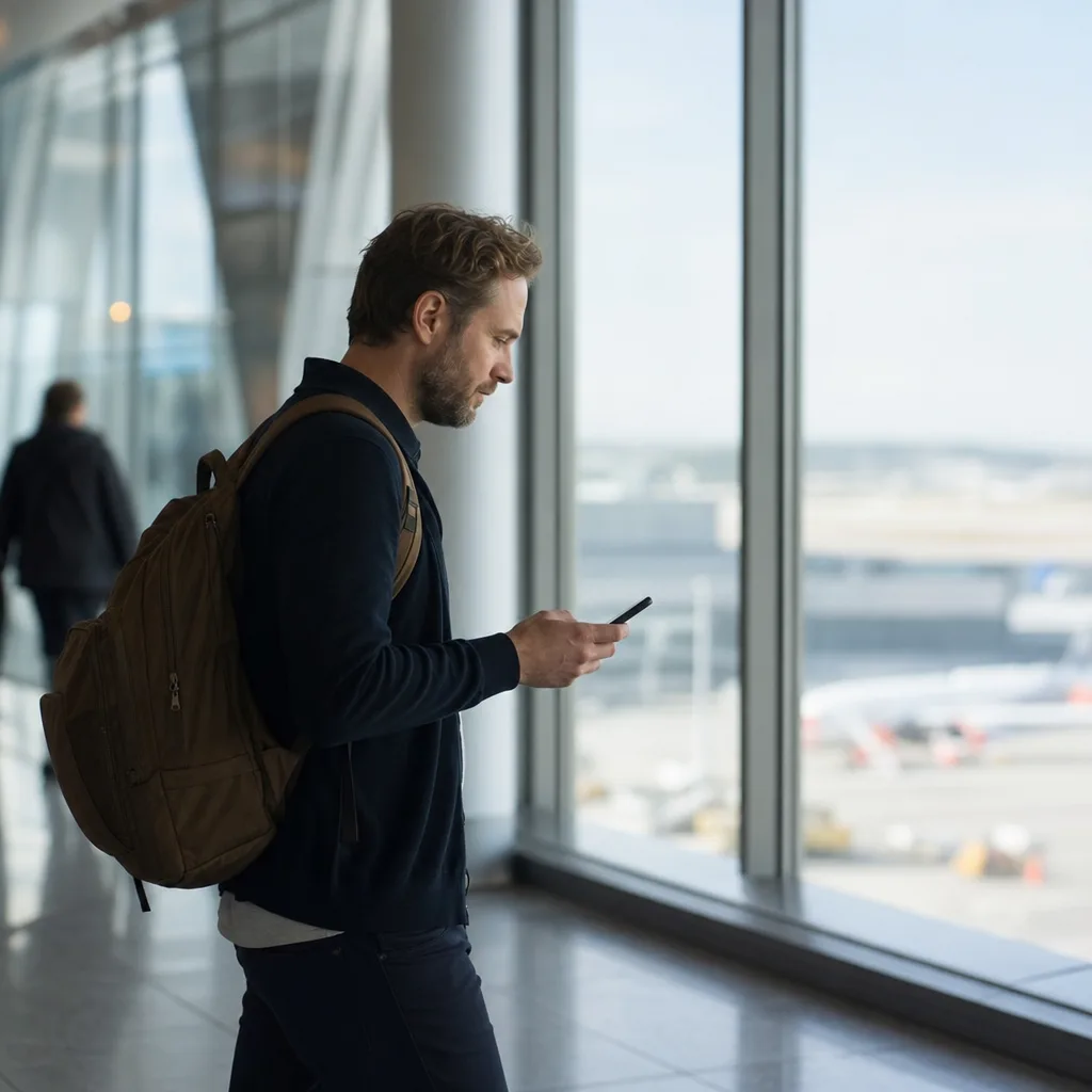 Resenär i profil med en ryggsäck och mobil i handen i en flygplatsterminal