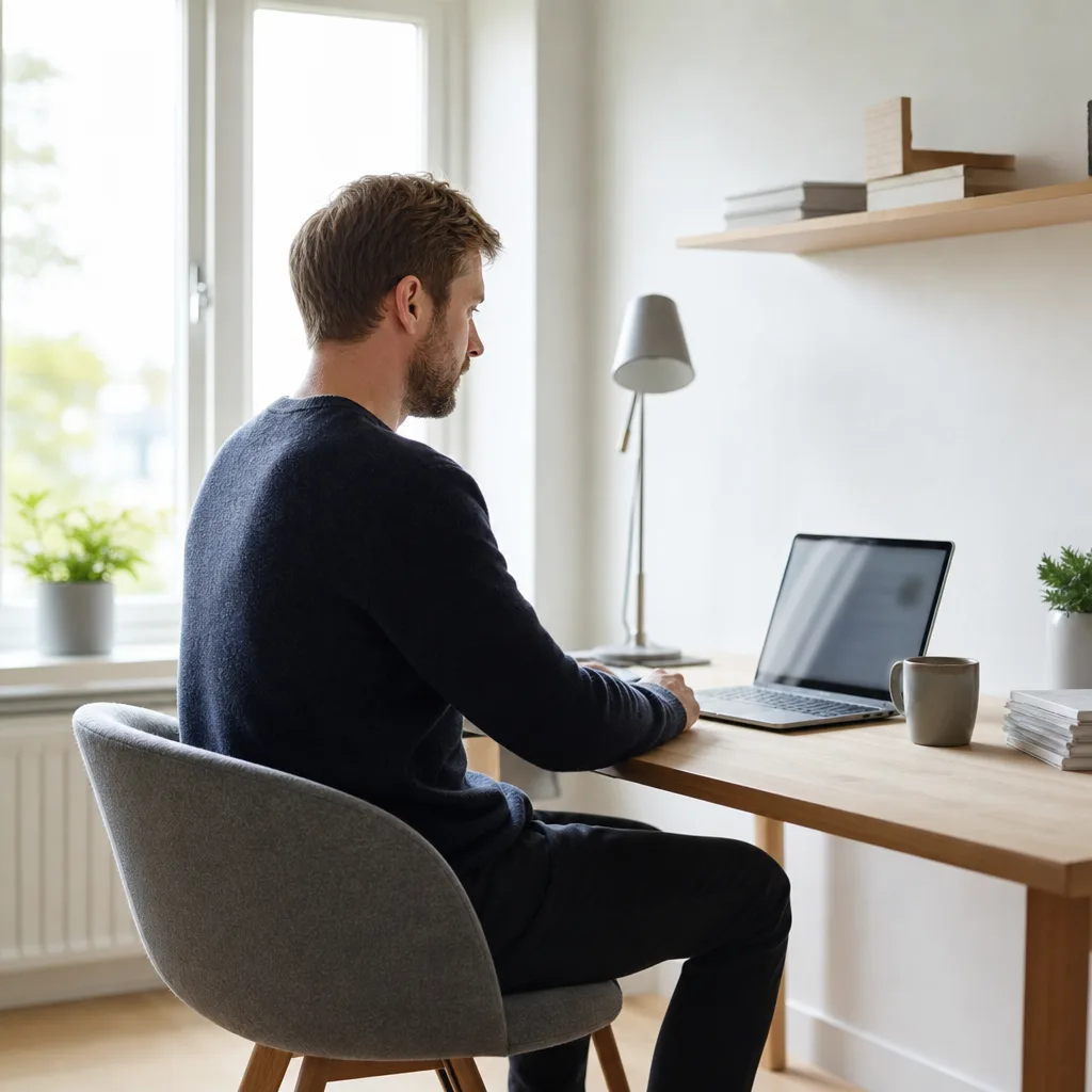 Person i profil sätter sig vid en dator för att kontrollera systeminställningar, morgonljus