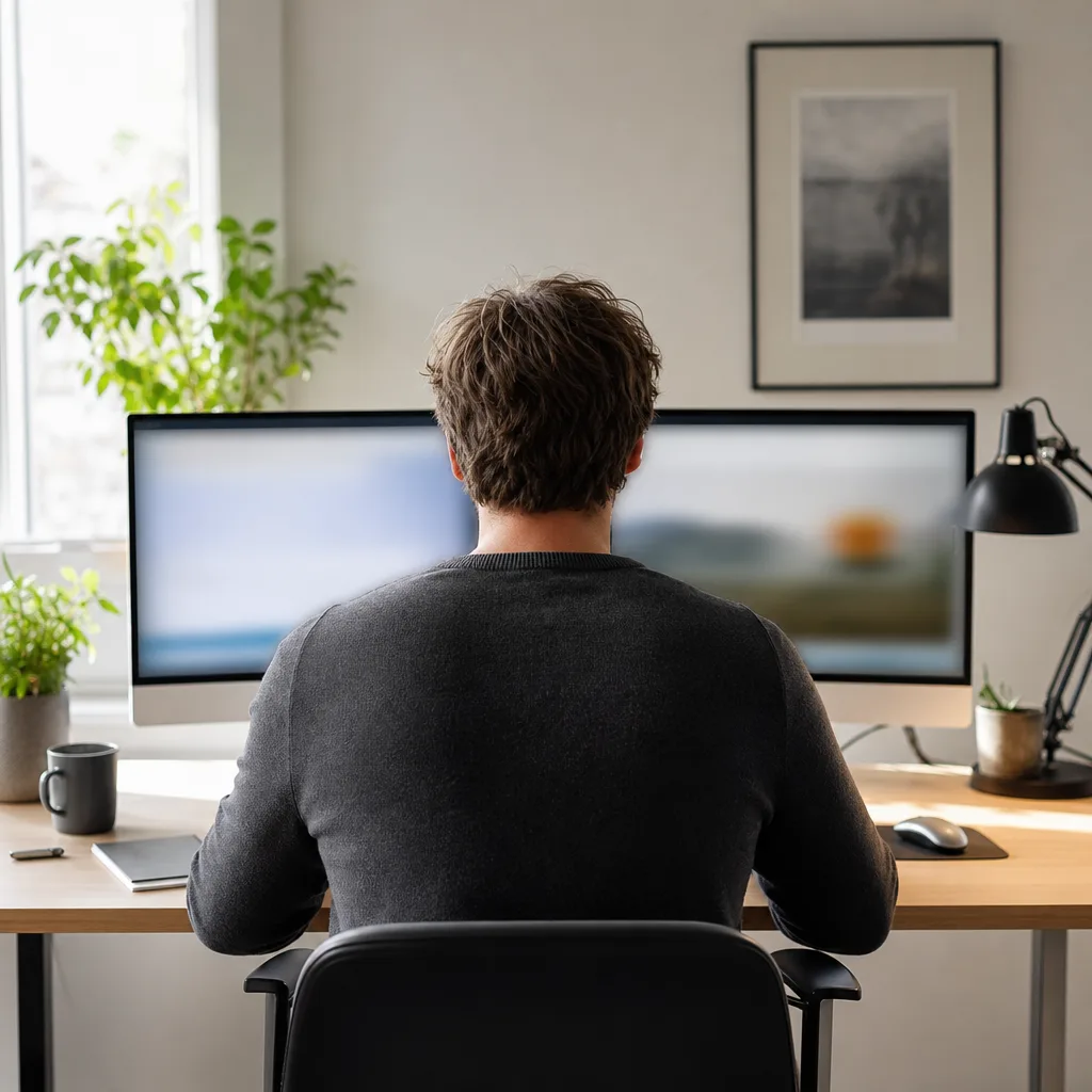 Person jämför två datorskärmar bredvid varandra vid ett skrivbord, bakifrån, mjukt ljus