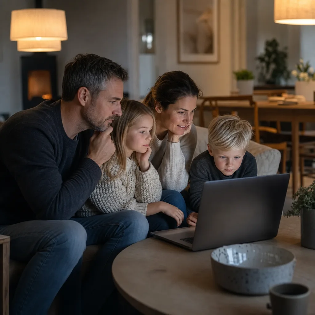 Familj samlad runt en bärbar dator i ett vardagsrum, sedd i profil, mjukt kvällsljus