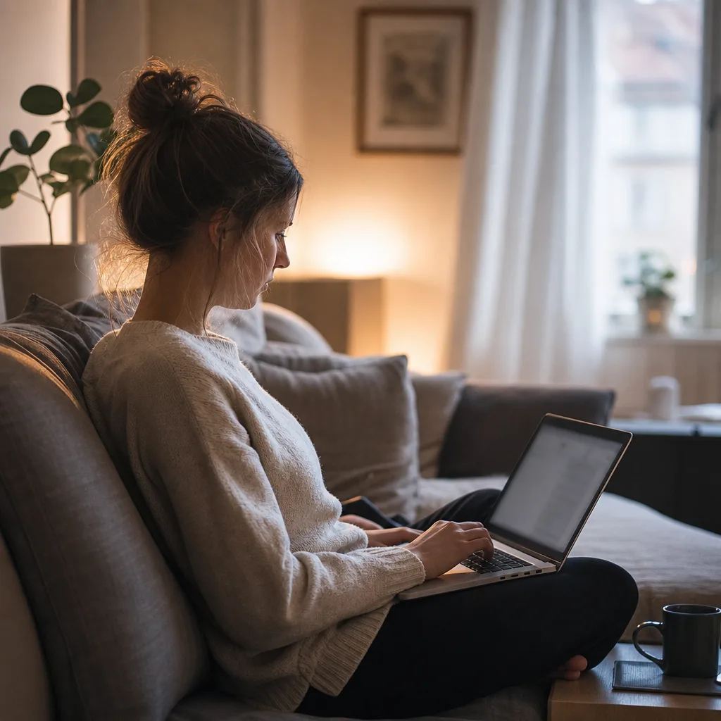 Person sitter avslappnat med en bärbar dator i ett soffhörn hemma, sedd i profil, kvällsljus