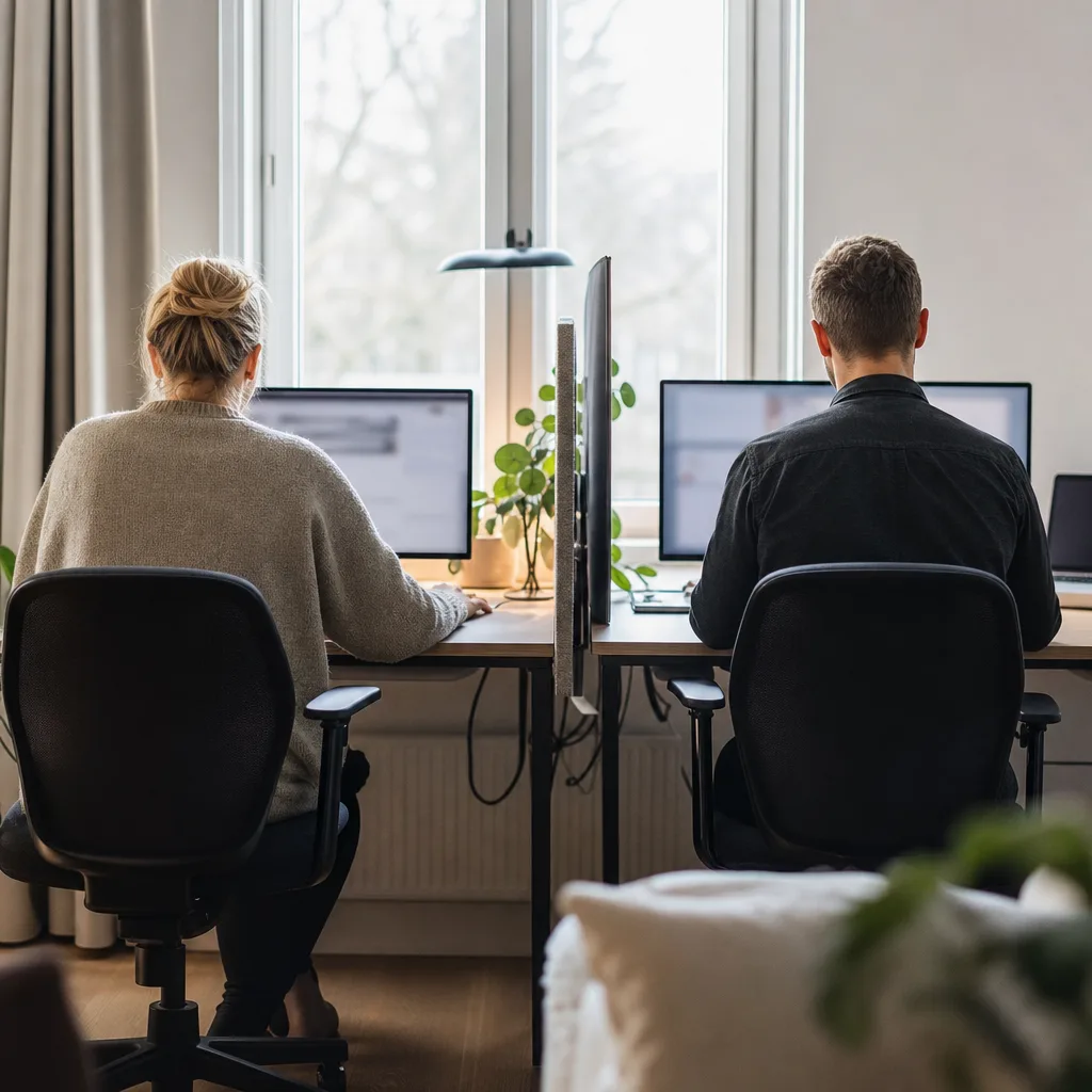 Två personer arbetar vid varsin dator i ett litet delat kontorsutrymme, sedda bakifrån